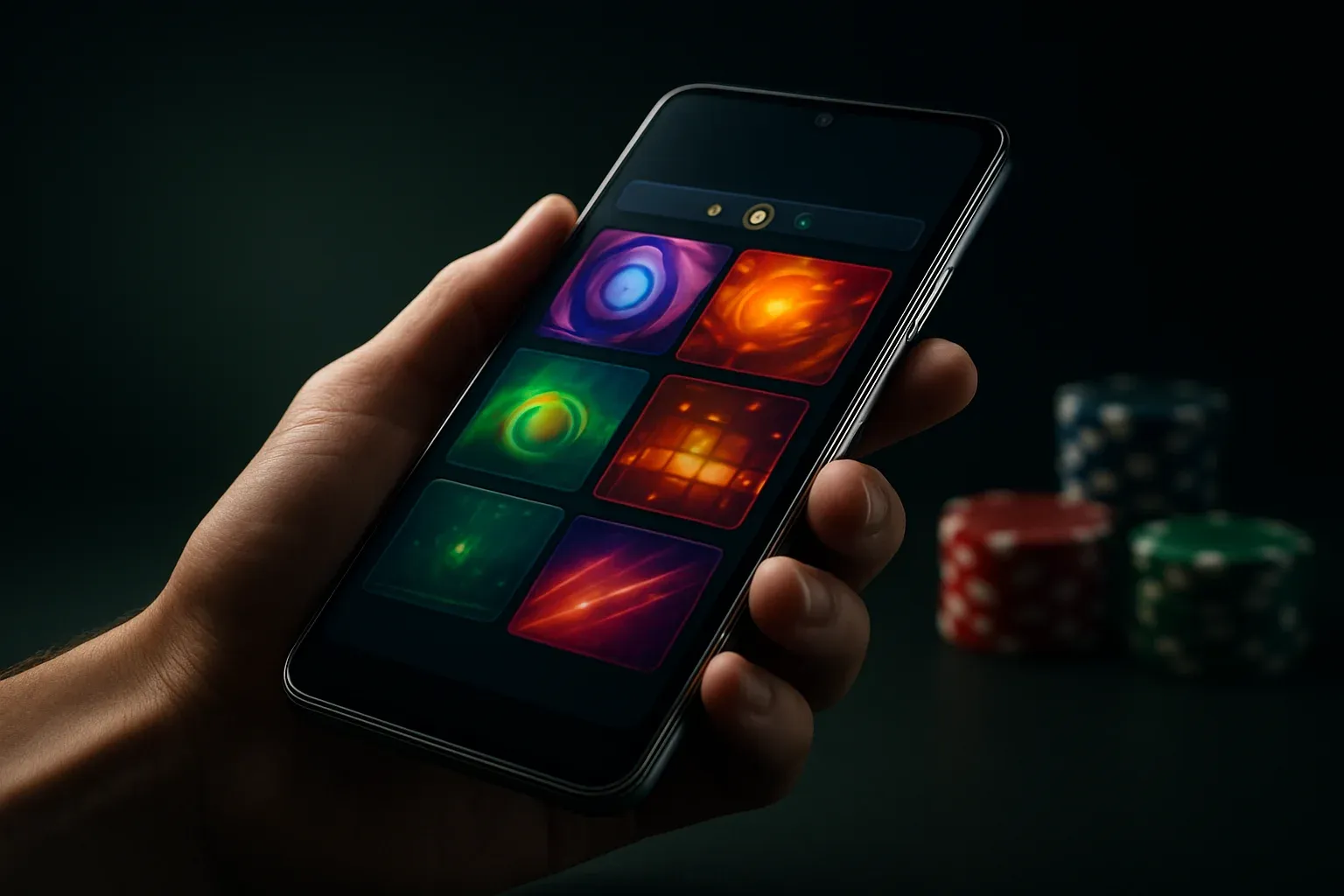 Flagship Android smartphone showing vivid casino app interface in dramatic lighting