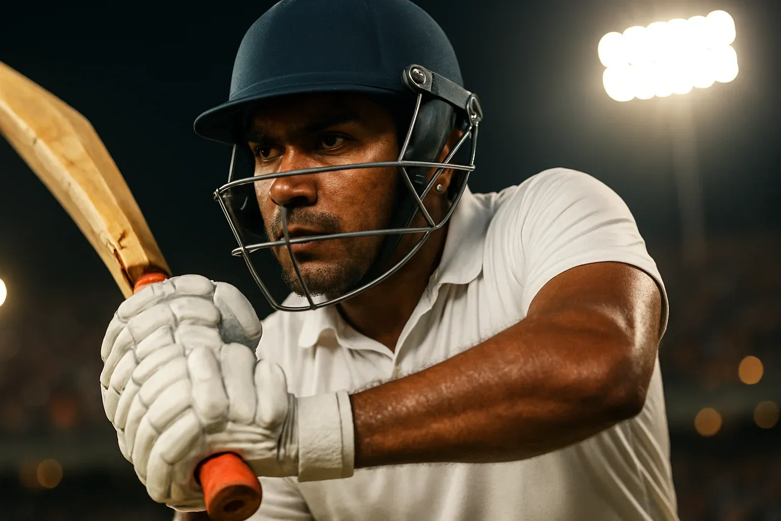 Bangladeshi male cricket batsman mid-swing under stadium floodlights in white kit