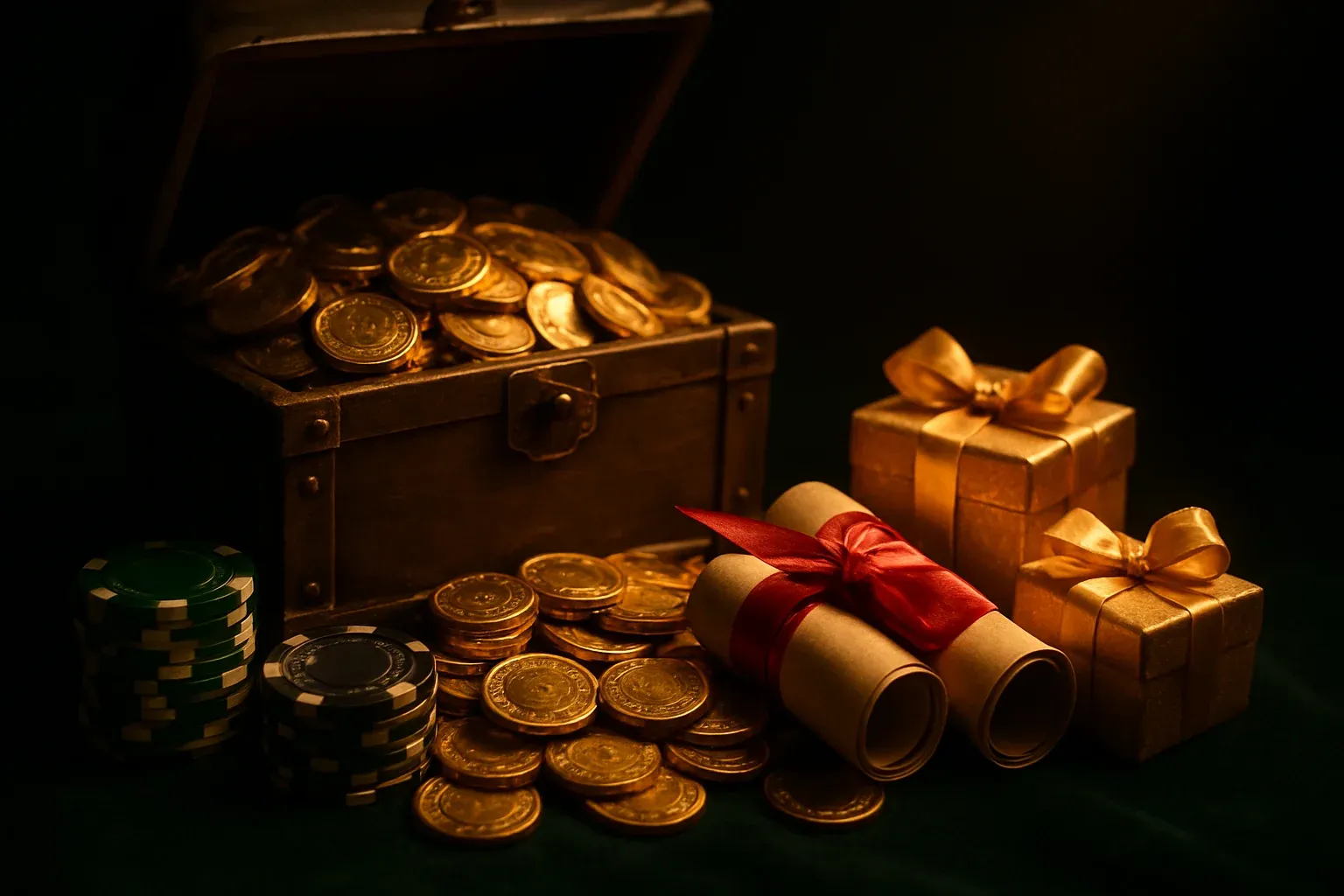 Overflowing treasure chest with gold coins, casino chips, vouchers, and gift boxes