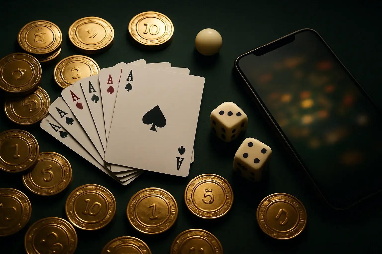 Top-down casino table with gold chips, cards, dice, roulette ball, smartphone