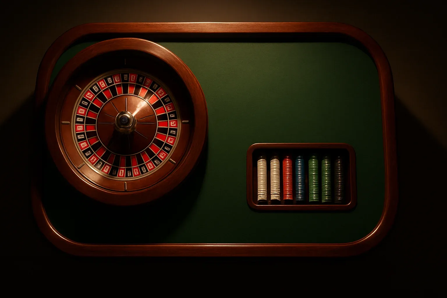 Hyperrealistic live casino studio with empty roulette table and dramatic lighting