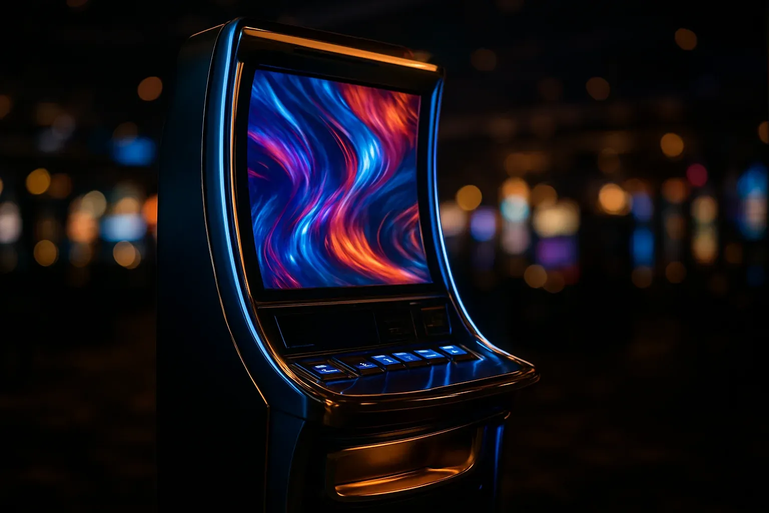 Premium slot machine glowing in dark luxury casino with neon lighting